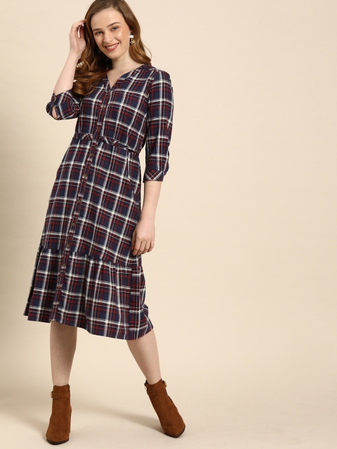 

DressBerry Women Navy Blue & White Checked Shirt Dress