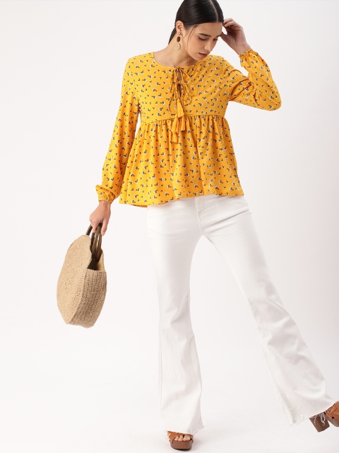 

DressBerry Women Mustard Yellow & Blue Printed Empire Top