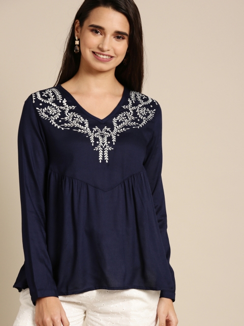 

DressBerry Women Navy Blue Embroidered Semi Sheer Boxy Top
