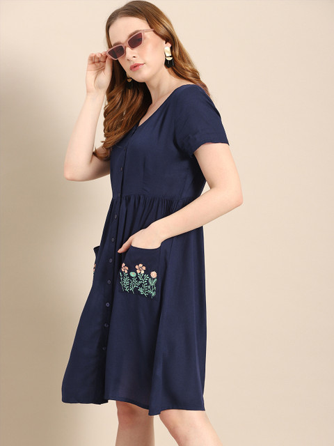 

DressBerry Women Solid Navy Blue Fit and Flare Dress