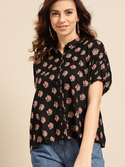 

DressBerry Women Black & Coral Red Boxy Printed Casual Shirt