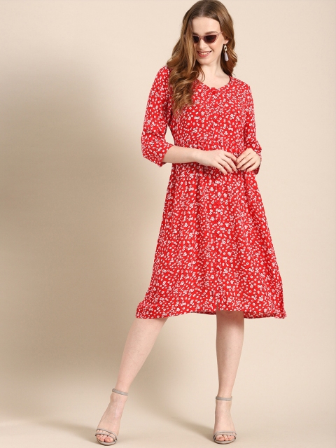 

DressBerry Women Red & White Floral Printed Fit and Flare Dress
