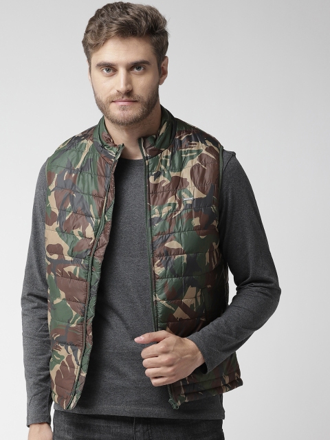 

Flying Machine Men Olive Green Camouflage Print Sleeveless Padded Jacket