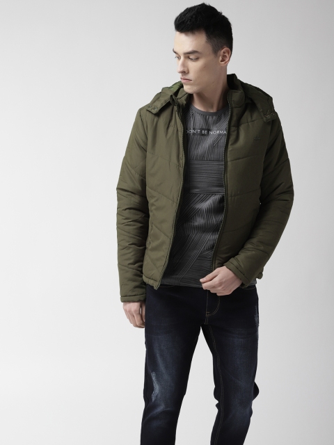 

Flying Machine Men Olive Green Solid Padded Hooded Jacket