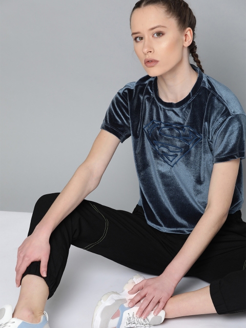 

Justice League Women Navy Blue Solid Velvet Finish Round Neck Crop T-shirt