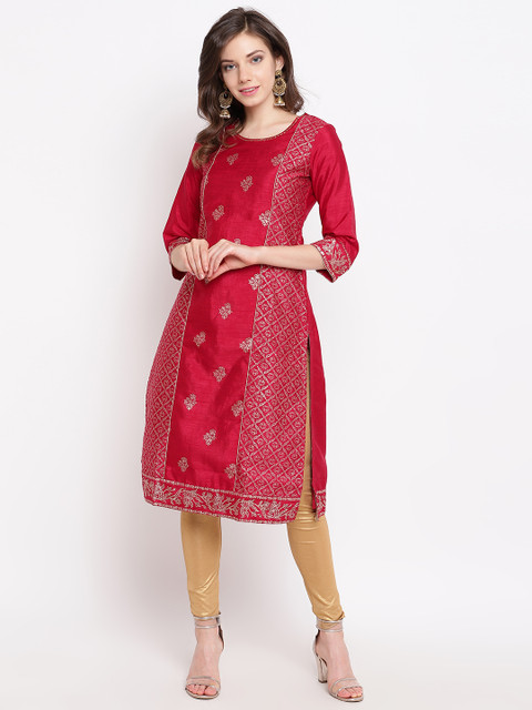 

Rangriti Women Red & Golden Floral Print Straight Kurta