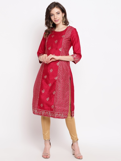 

Rangriti Women Red & Golden Floral Print Straight Kurta