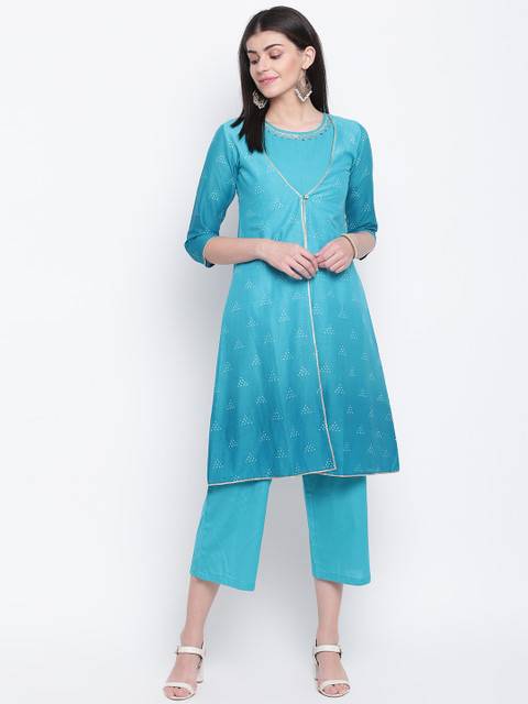 

Rangriti Women Blue & Off-White Solid Cullotes Jumpsuit with Ethnic Jacket