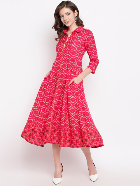 

Rangriti Women Printed Pink & Cream-Coloured A-Line Dress