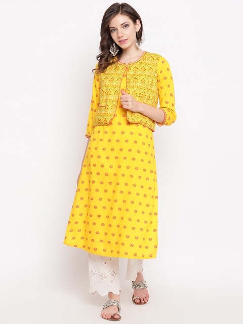 

Rangriti Women Mustard Yellow & Orange Printed Straight Kurta with Ethnic Jacket