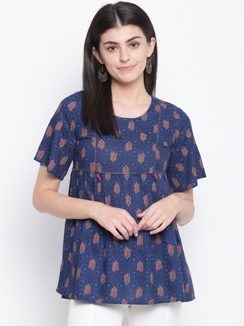 

Rangriti Women Navy Blue & Pink Printed A-Line Top
