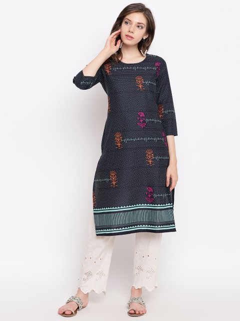 

Rangriti Women Black & Green Floral Printed Straight Kurta