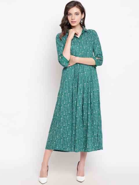 

Rangriti Women Green & White Floral Print A-line Dress