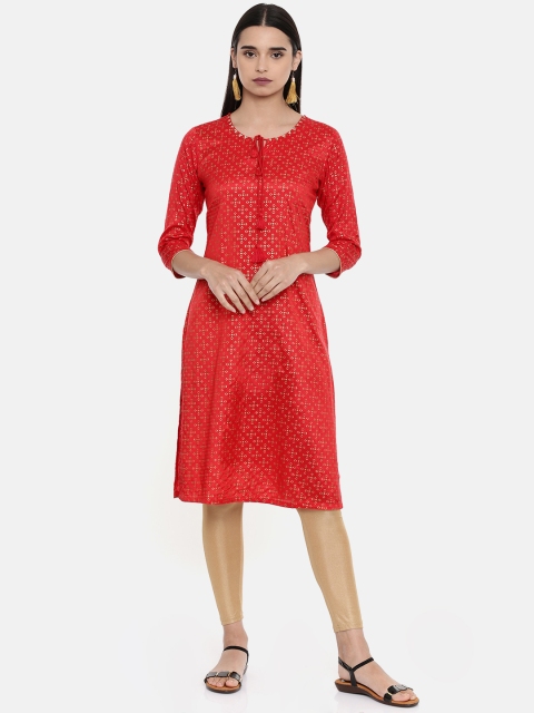 

Rangriti Women Red & Golden Geometric Foil Print Straight Kurta