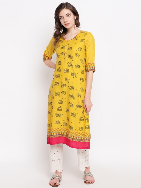 

Rangriti Women Mustard Yellow & Black Quirky Printed Straight Kurta