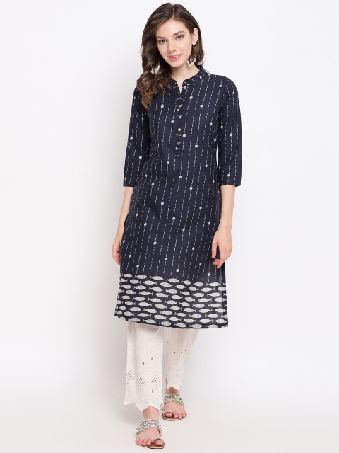 

Rangriti Women Navy Blue & Grey Striped Straight Kurta