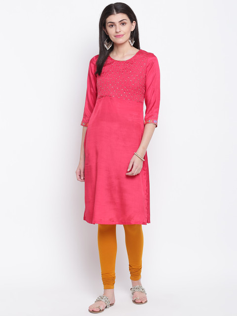 

Rangriti Women Red Sheen Effect Yoke Design Straight Kurta