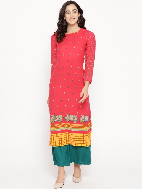 

Rangriti Women Coral Red & Yellow Printed Straight Kurta