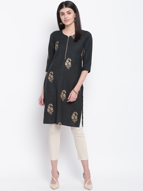 

Rangriti Women Green & Golden Printed Straight Kurta