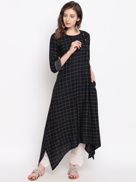 

Rangriti Women Black & Grey Checked A-Line Asymmetric Kurta