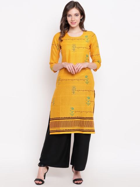 

Rangriti Women Mustard Yellow & Brown Floral Printed Straight Kurta