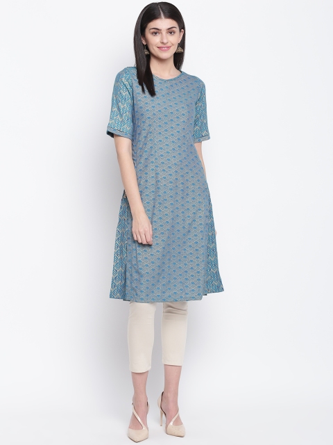 

Rangriti Women Teal Green & Golden Printed A-Line Kurta