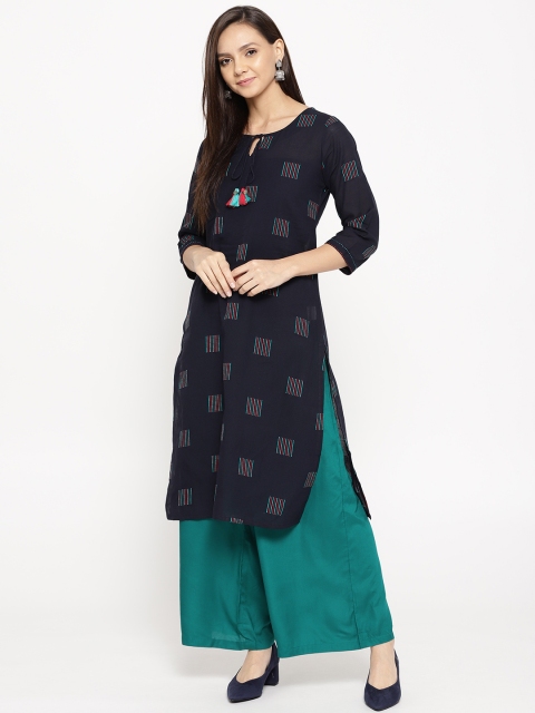 

Rangriti Women Navy Blue Embroidered Pure Cotton Straight Kurta