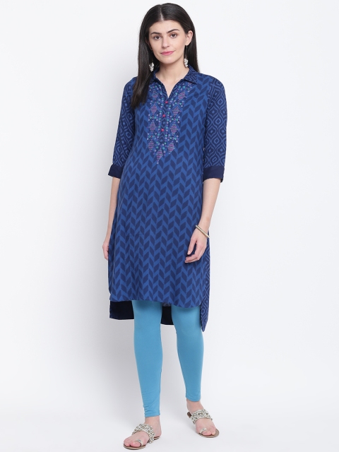 

Rangriti Women Navy Blue Ikat Printed Straight Kurta