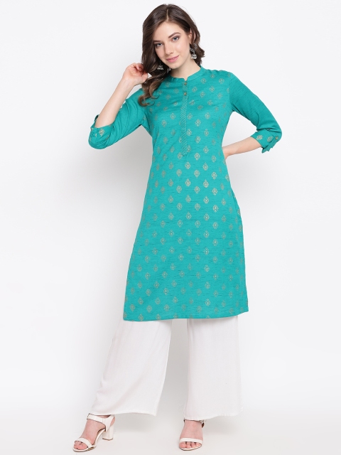 

Rangriti Women Sea Green & Golden Ethnic Printed Straight Kurta