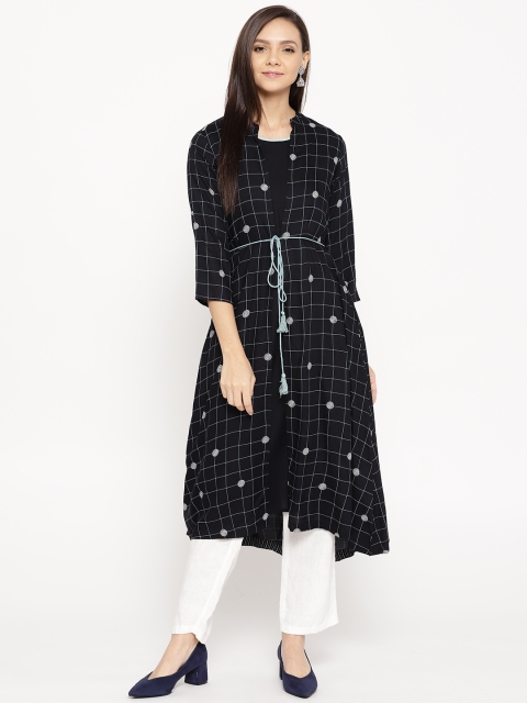 

Rangriti Women Black & Blue Checked A-Line Layered Kurta