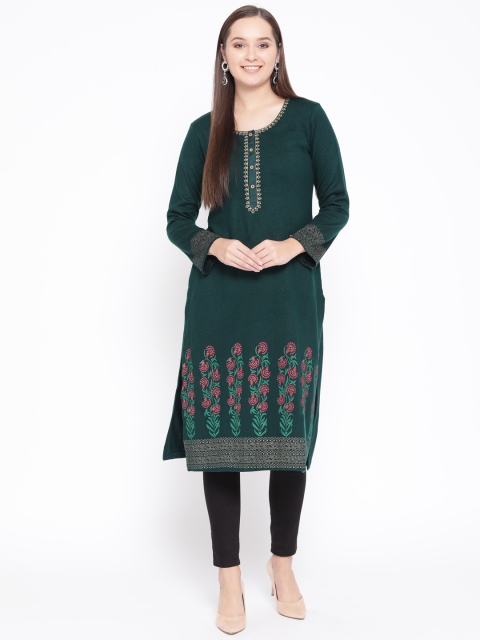 

Rangriti Women Green & Gold-Toned Floral Printed Straight Winter Kurta