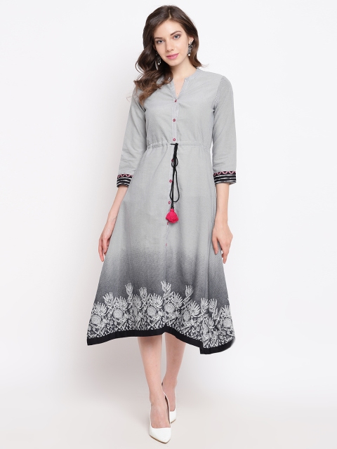 

Rangriti Women Black & White Striped A-Line Dress with Floral Printed Detail