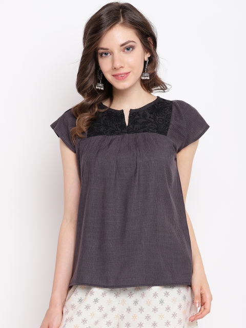 

Rangriti Women Charcoal Grey Self Striped Top