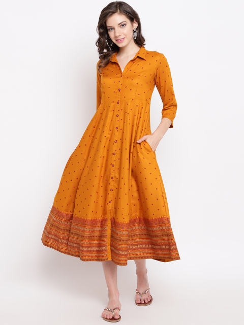 

Rangriti Women Mustard Brown & Maroon Printed Fit &Flare Dress