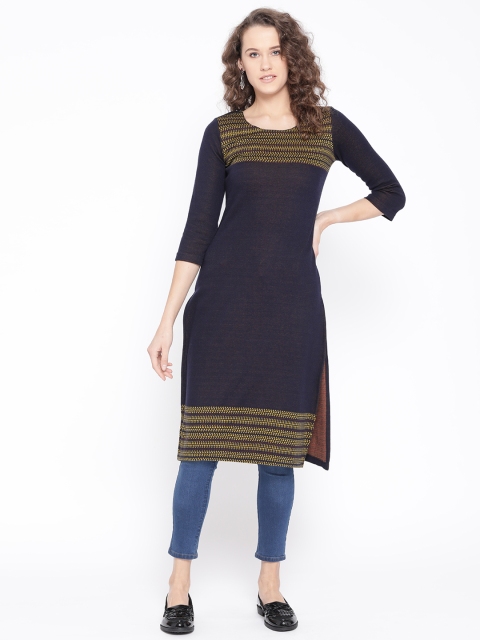 

Rangriti Women Navy Blue & Yellow Yoke Design Pure Cotton Straight Winter Kurta