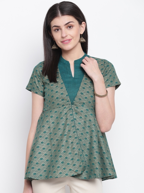 

Rangriti Women Green & Golden Solid A-Line Top with Printed Ethnic Jacket