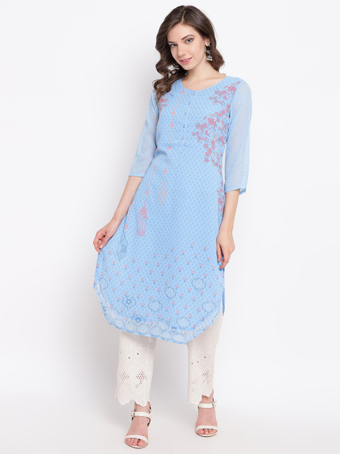 

Rangriti Women Blue & Peach-Coloured Floral Printed Straight Kurta