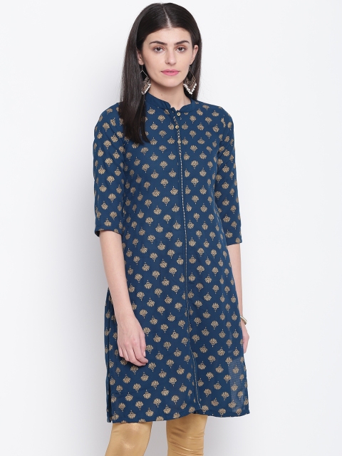 

Rangriti Women Teal Blue & Golden Ethnic Motifs Print Straight Kurta