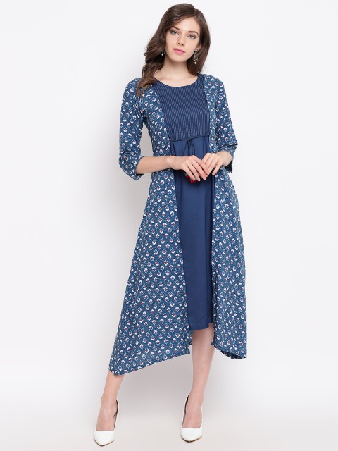 

Rangriti Women Blue & White Ethnic Motif Print Layered Midi A-Line Dress