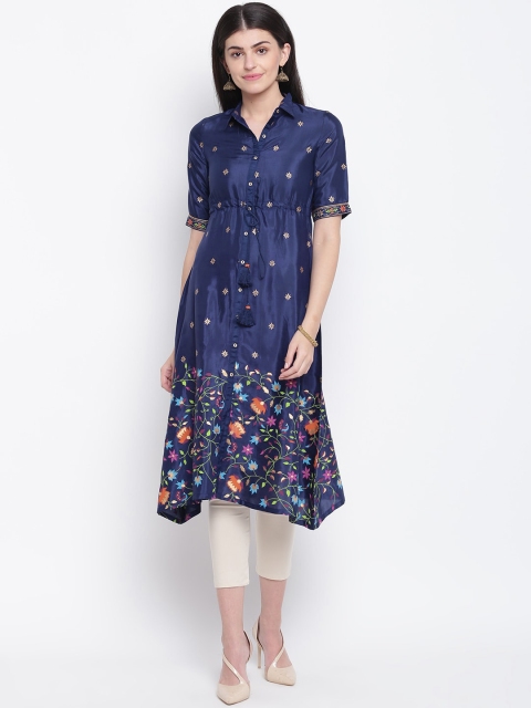 

Rangriti Women Navy Blue & Golden Floral Printed A-Line Dress
