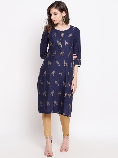 

Rangriti Women Navy Blue & Golden Quirky Print Straight Kurta