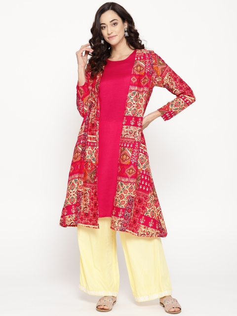 

Rangriti Women Pink & Yellow Printed Layered A-Line Kurta