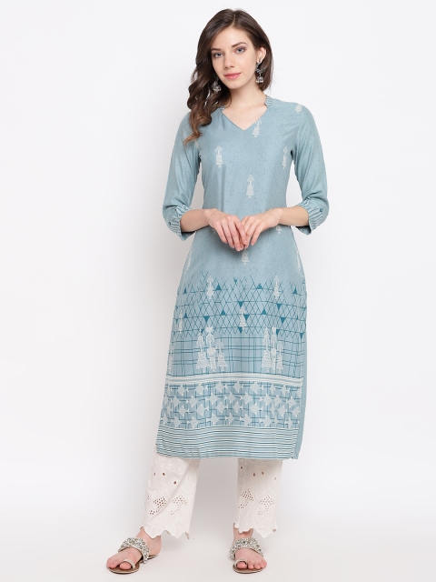 

Rangriti Women Blue & Off-White Quirky Print Straight Kurta