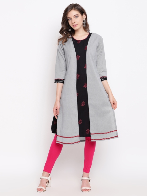 

Rangriti Women Black & Grey Floral Printed Asymmetric Layered A-Line Kurta