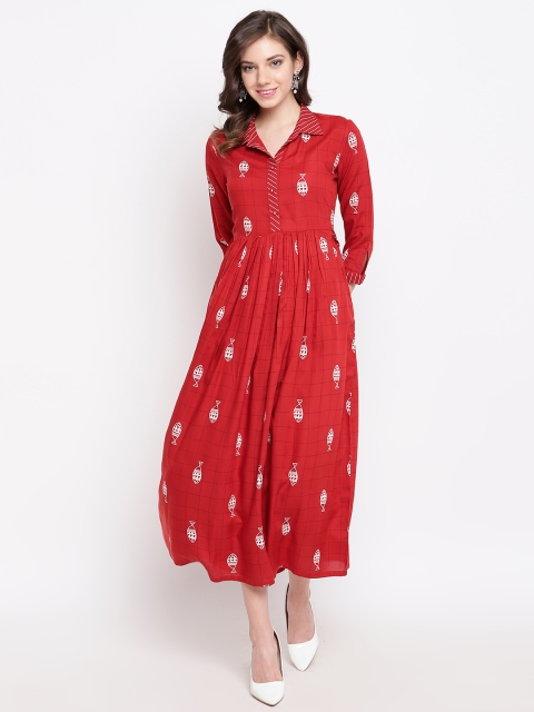 

Rangriti Women Red & White Printed A-Line Dress with Gathers