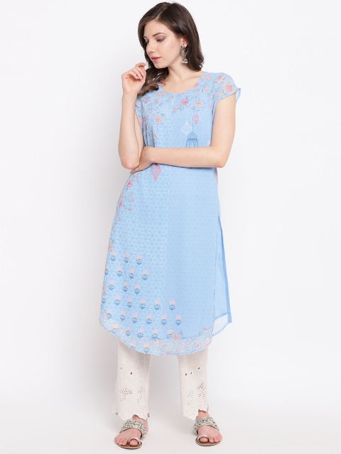 

Rangriti Women Blue & Peach-Coloured Floral Print Straight Kurta