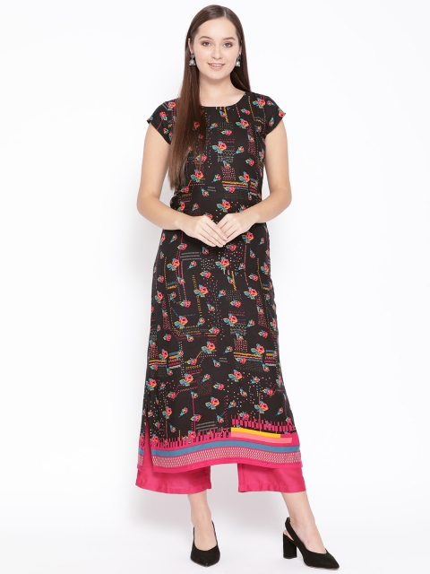 

Rangriti Women Black & Pink Floral Print Straight Kurta