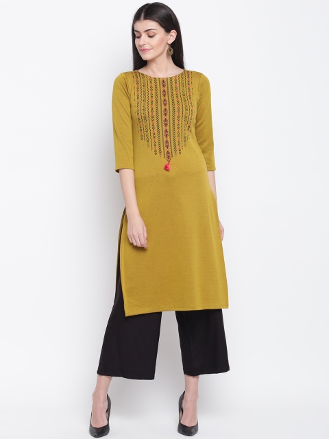 

Rangriti Women Olive Green & Pink Yoke Design Straight Winter Kurta