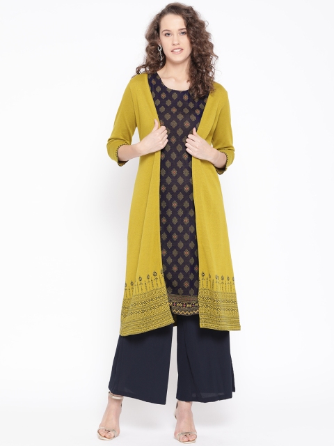 

Rangriti Women Navy Blue & Green Woven Design A-Line Kurta with Ethnic Jacket