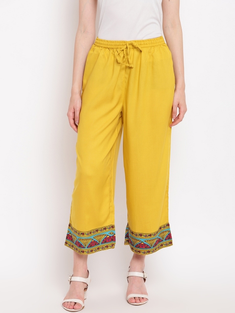 

Rangriti Women Mustard Yellow Hem Design Cropped Wide Leg Palazzos